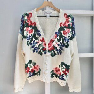 Nuggets Vintage Cream Multicolor Floral Knit Button Cardigan Size Large